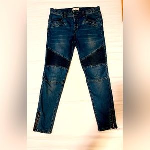 Free People Seamed Millennium Moto Blue Skinny Jeans Button Fly Size 30 W /10 US